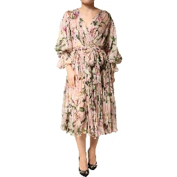 Pink Lily Print A-line Pleated Maxi Dress