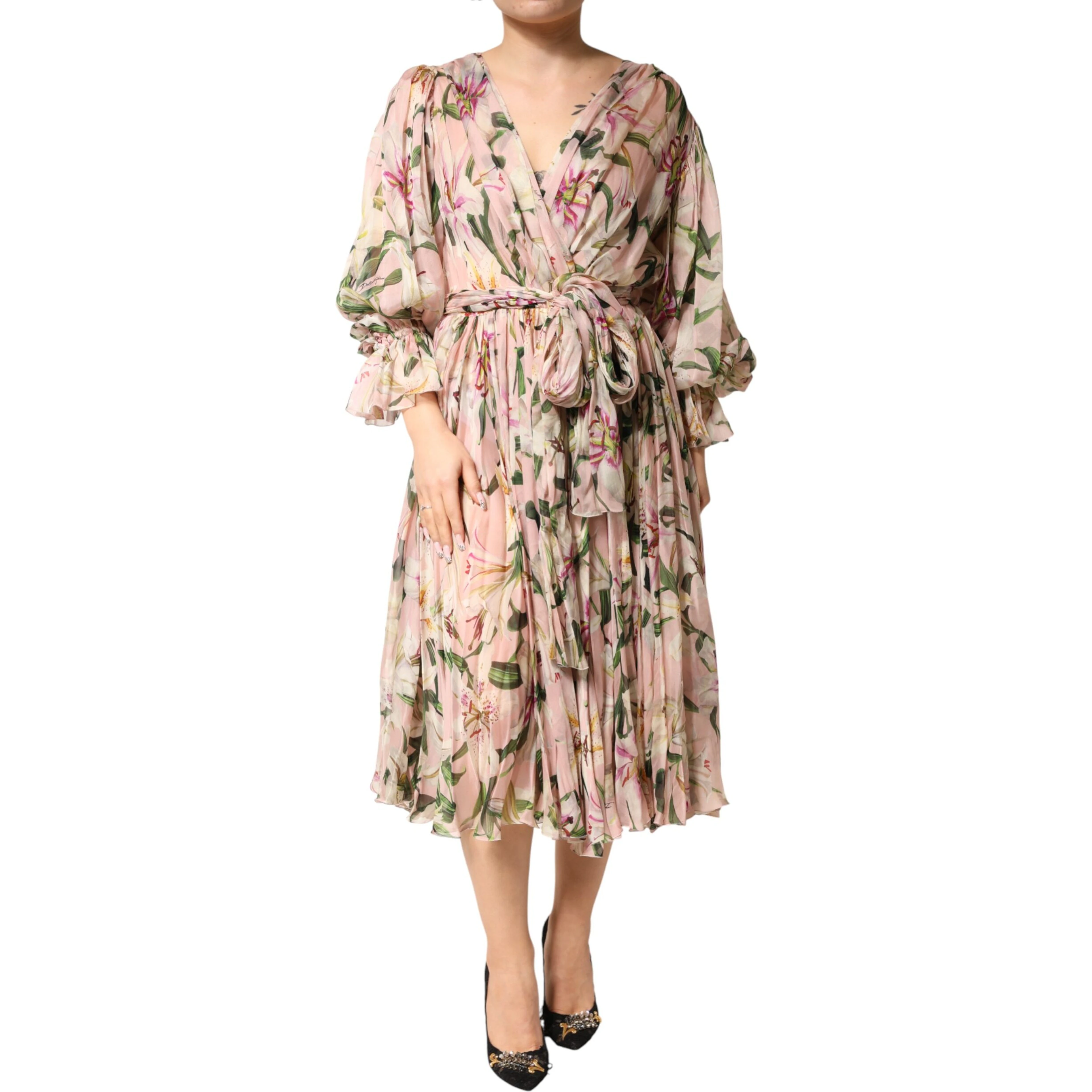 Pink Lily Print A-line Pleated Maxi Dress