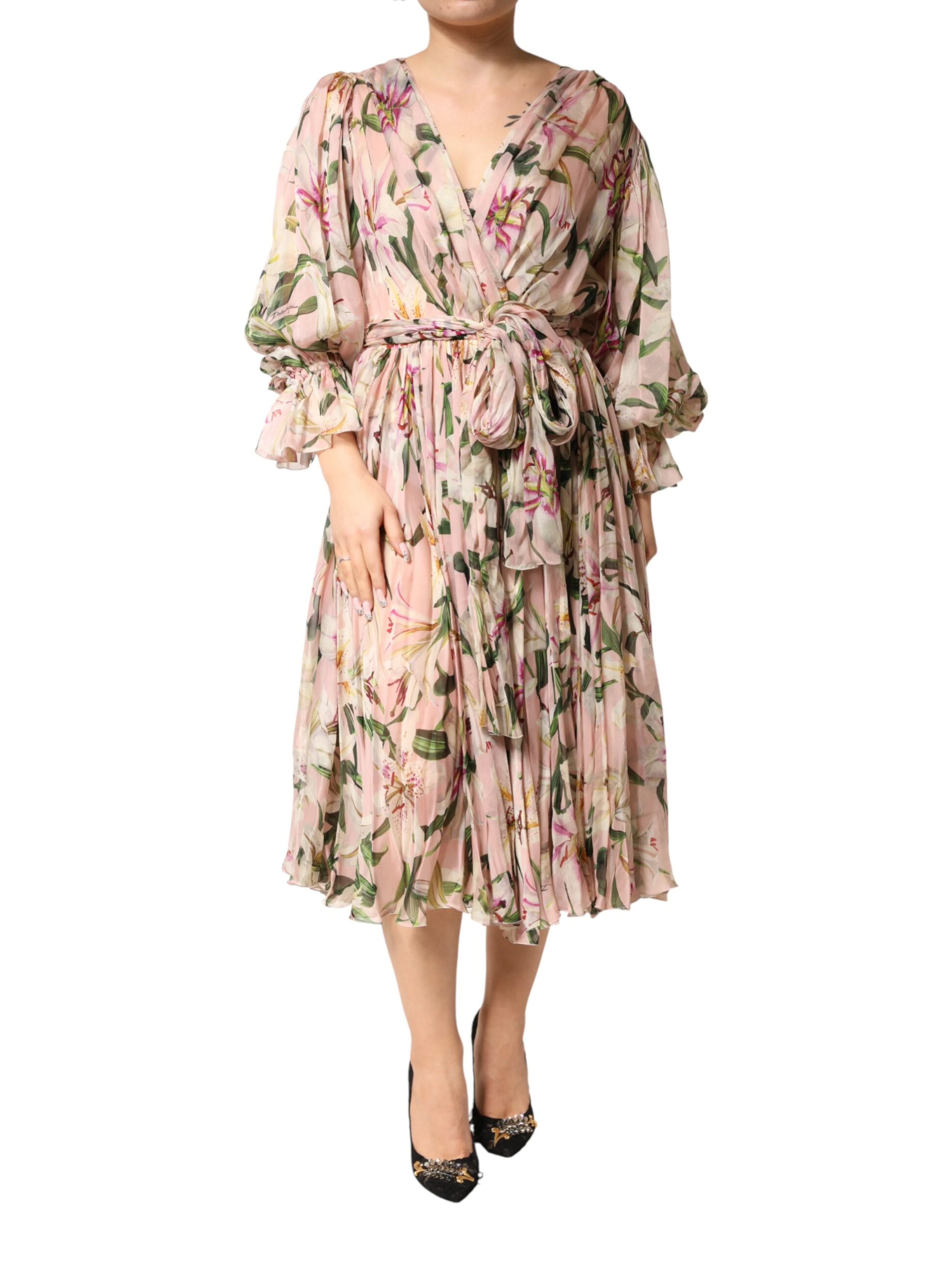 Pink Lily Print A-line Pleated Maxi Dress