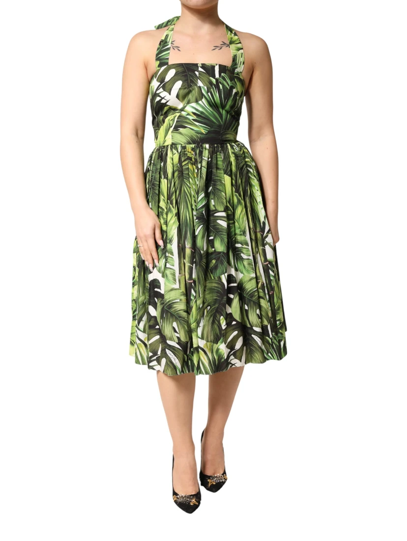Green Leaves Print Cotton Halter Midi Dress