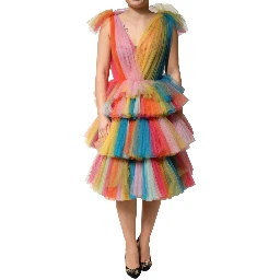 Multicolor Nylon Tiered Tulle Midi Dress