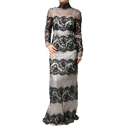 Black White Lace Silk Blend MaxiSheath Dress