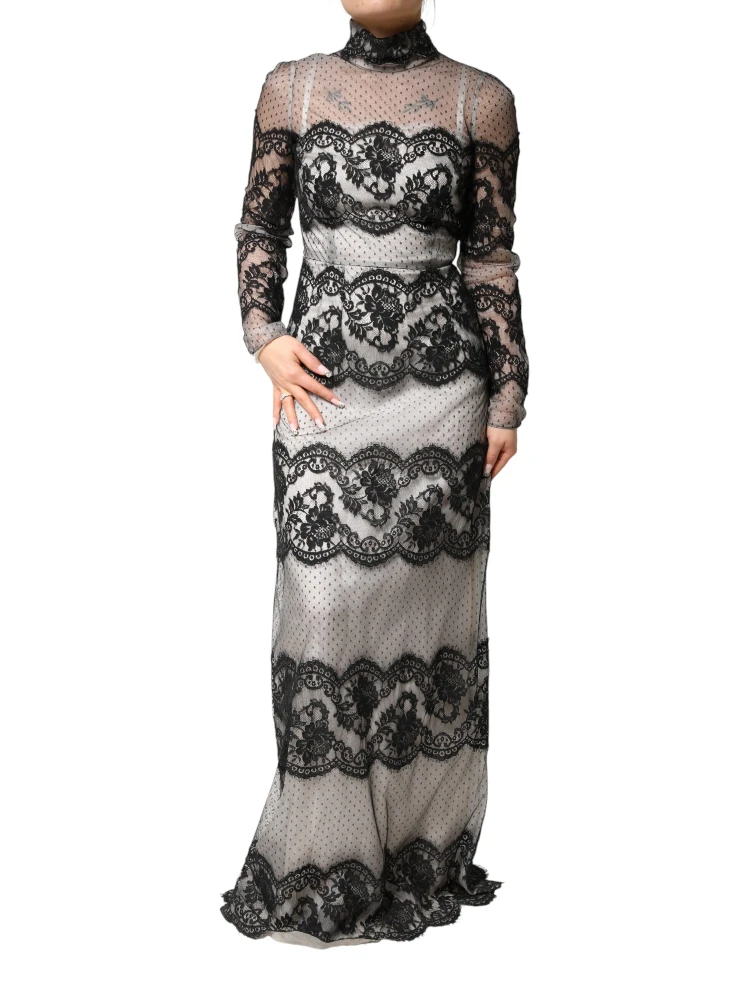 Black White Lace Silk Blend MaxiSheath Dress