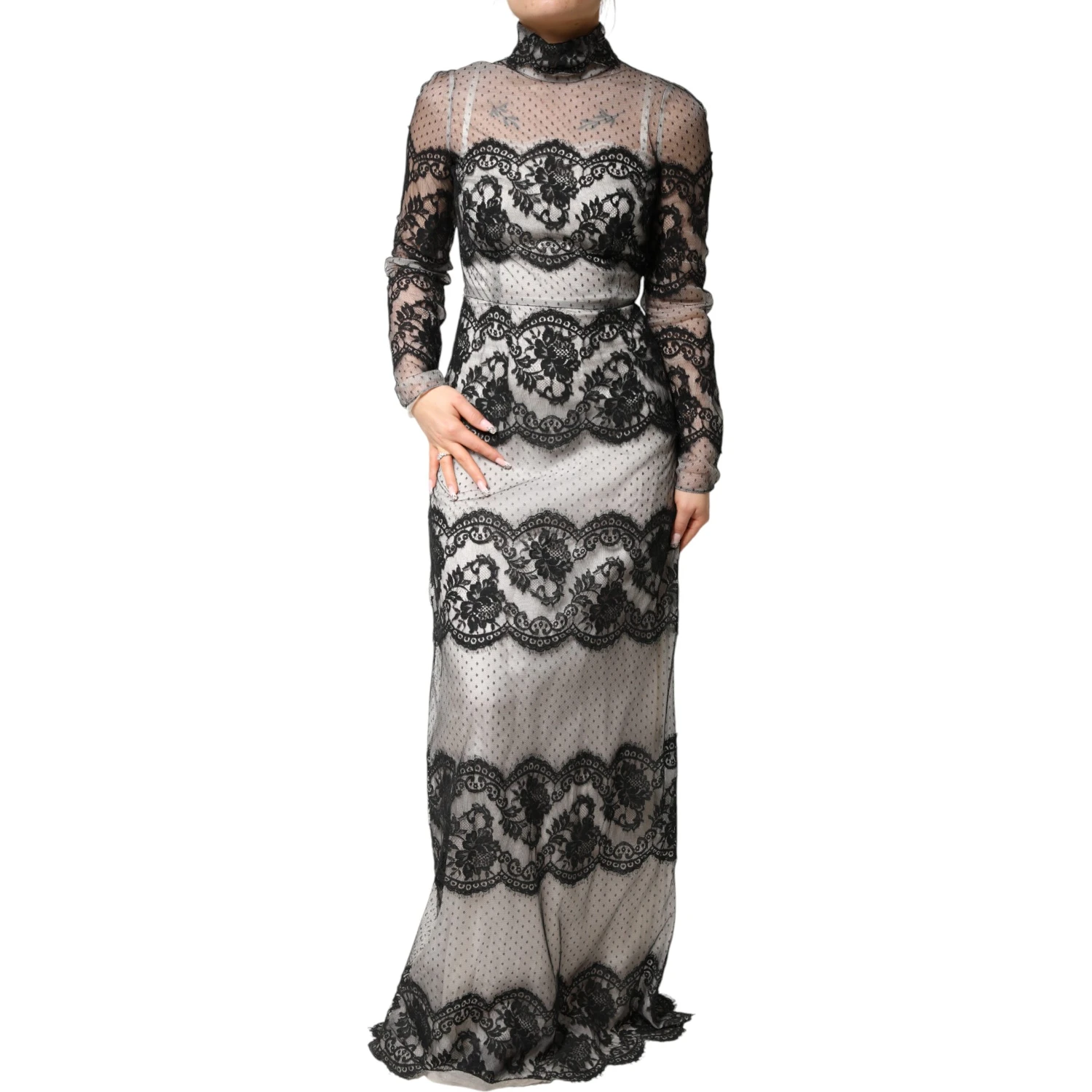 Black White Lace Silk Blend MaxiSheath Dress