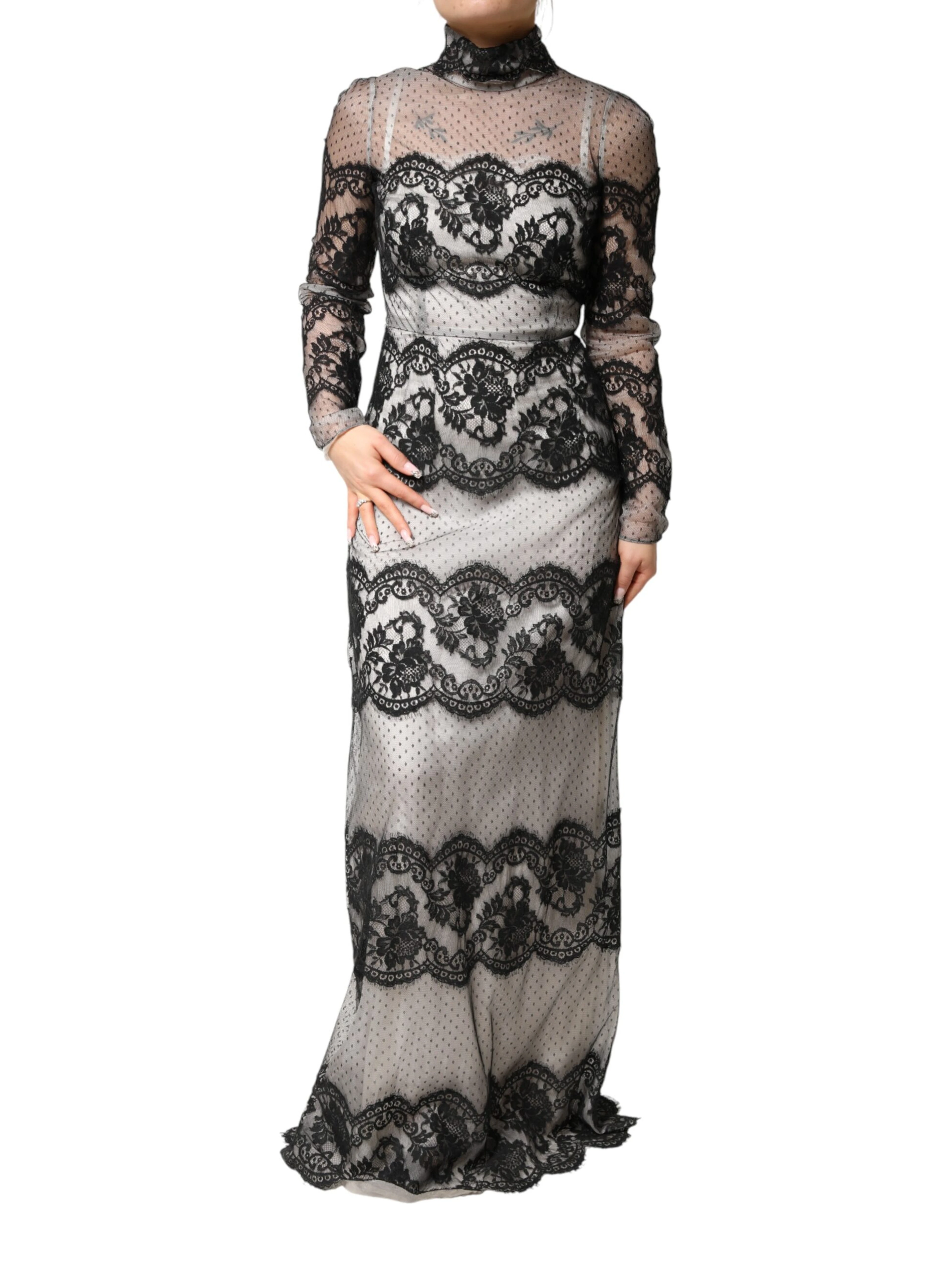 Black White Lace Silk Blend MaxiSheath Dress