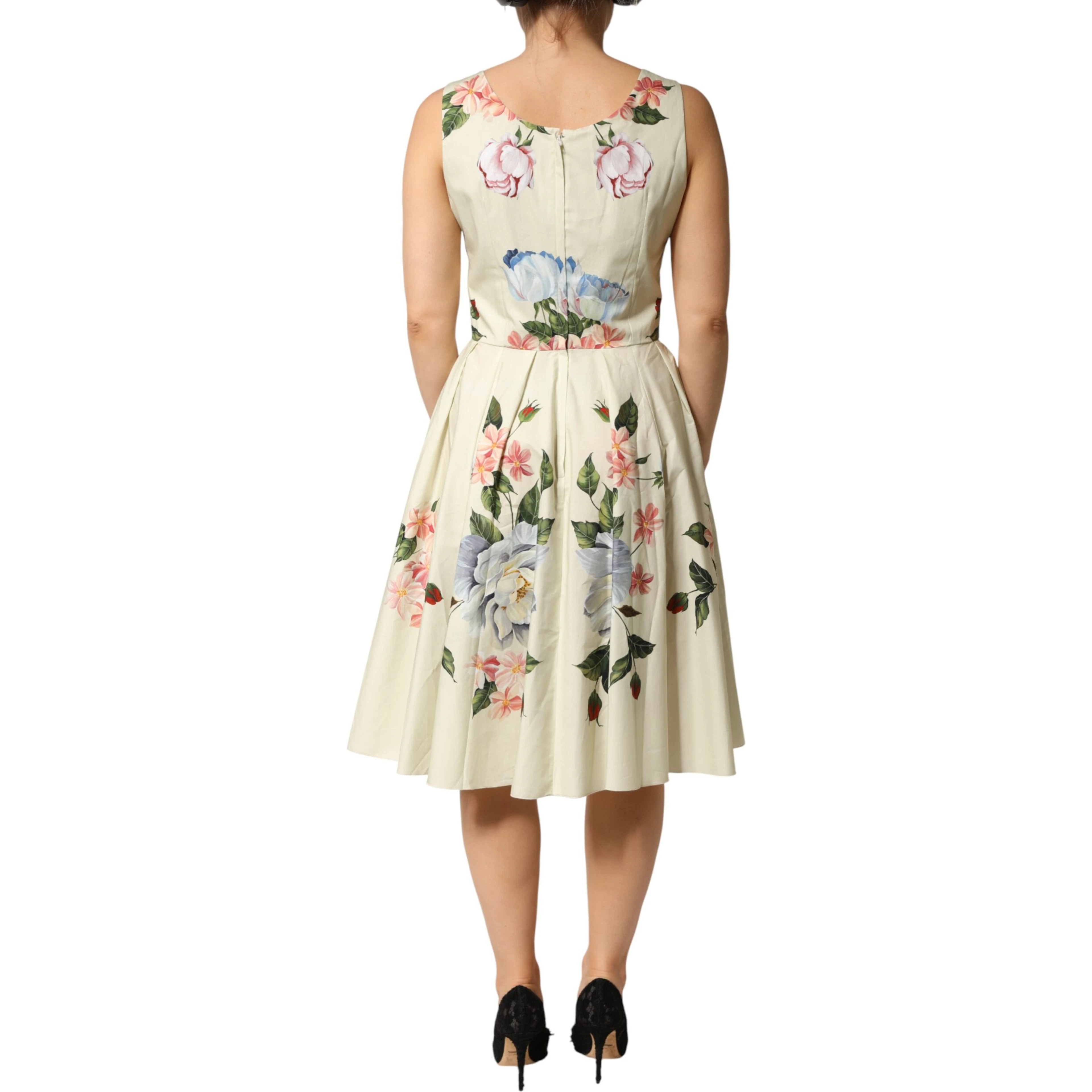 Beige Floral Sleeveless A-line Dress