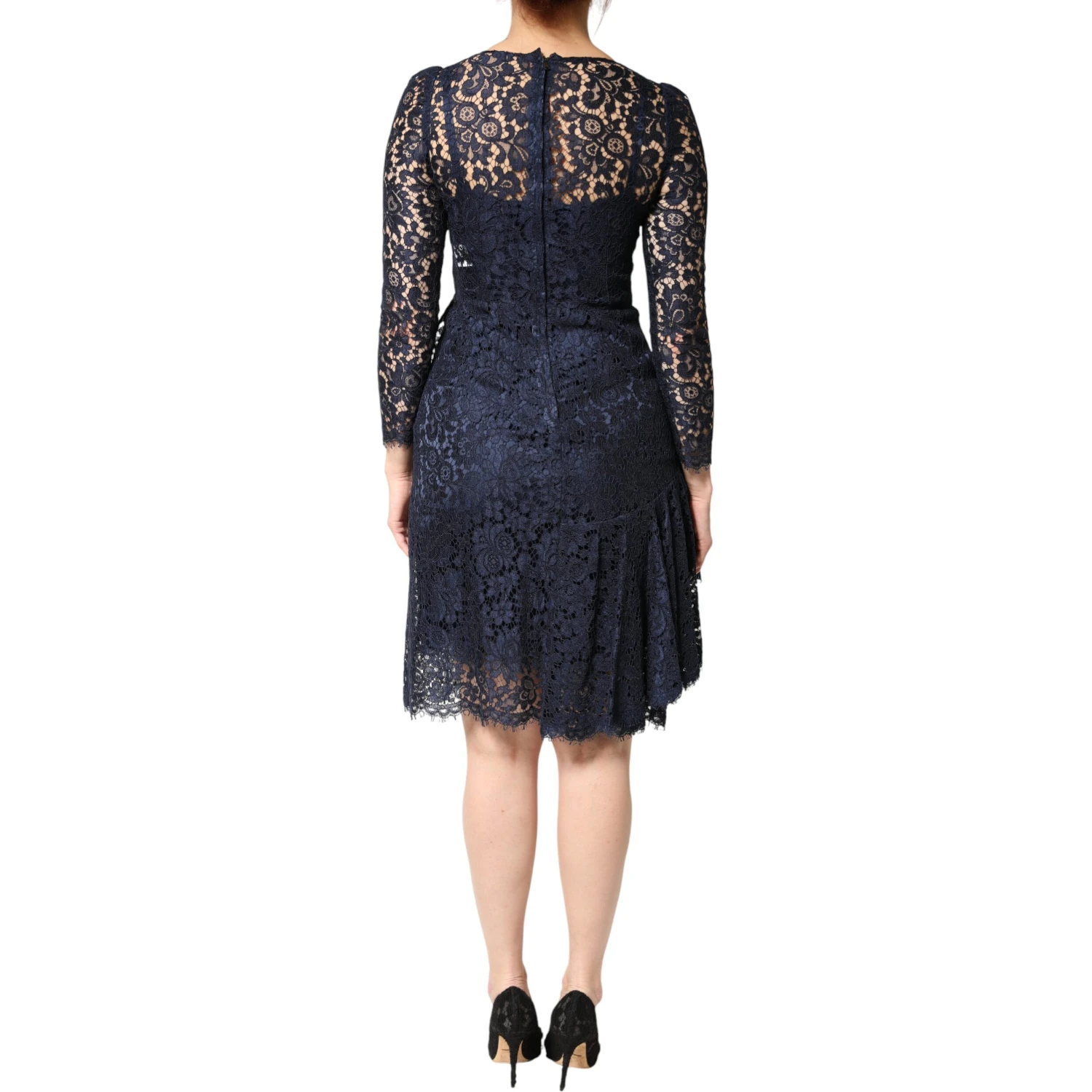 Blue Lace Ruffle A-line Knee Length Dress