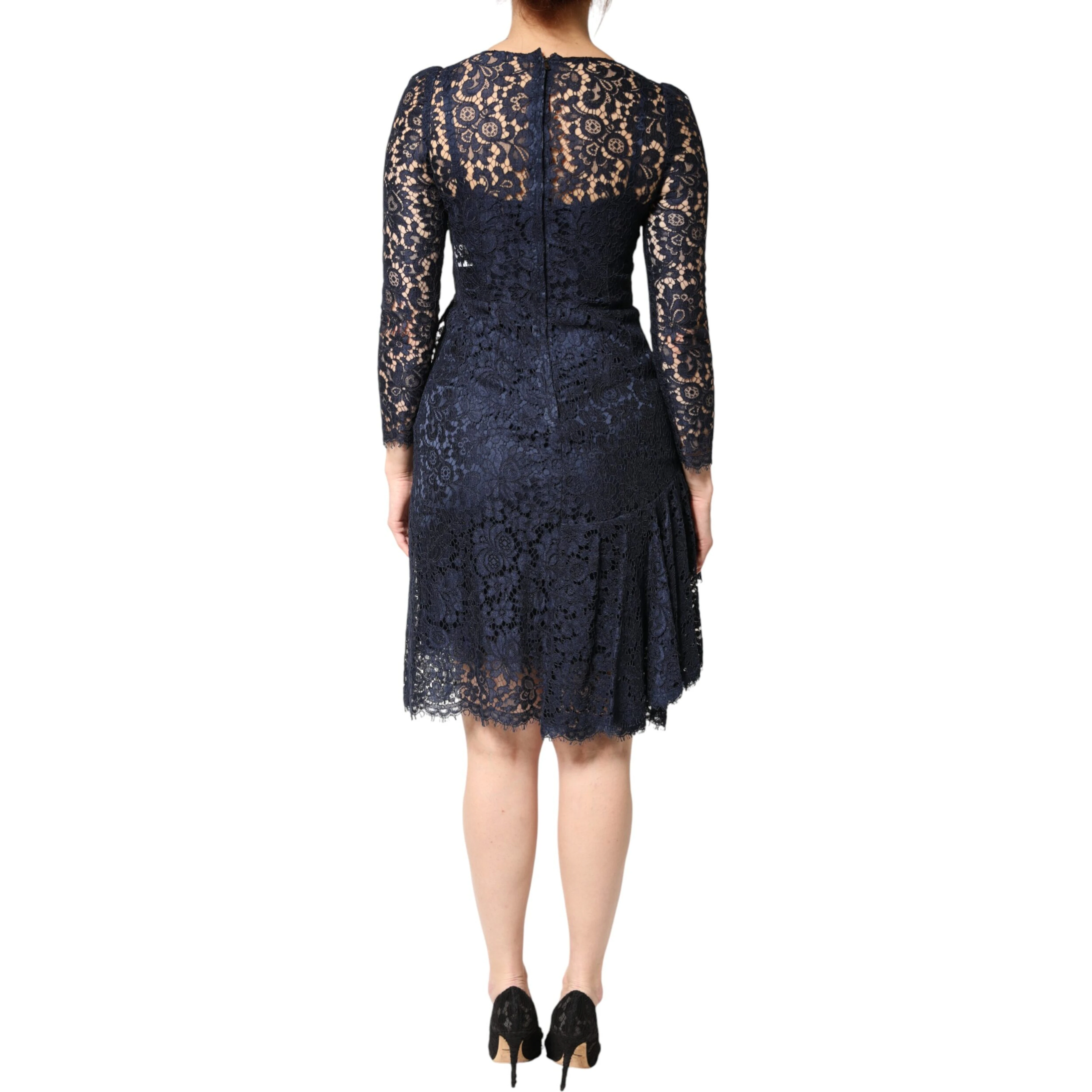 Blue Lace Ruffle A-line Knee Length Dress