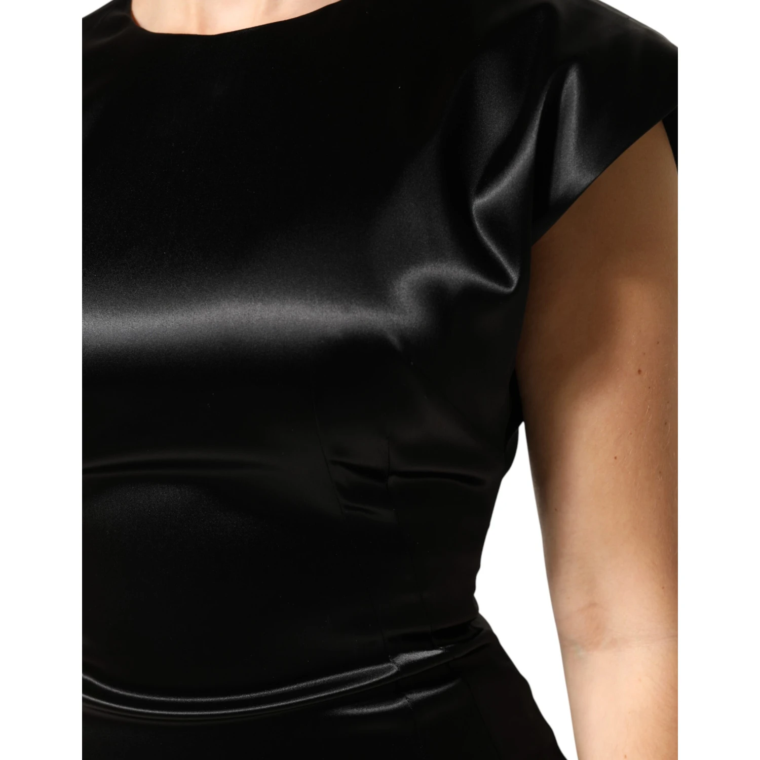 Black Satin Sheath Midi Cap Sleeves Dress