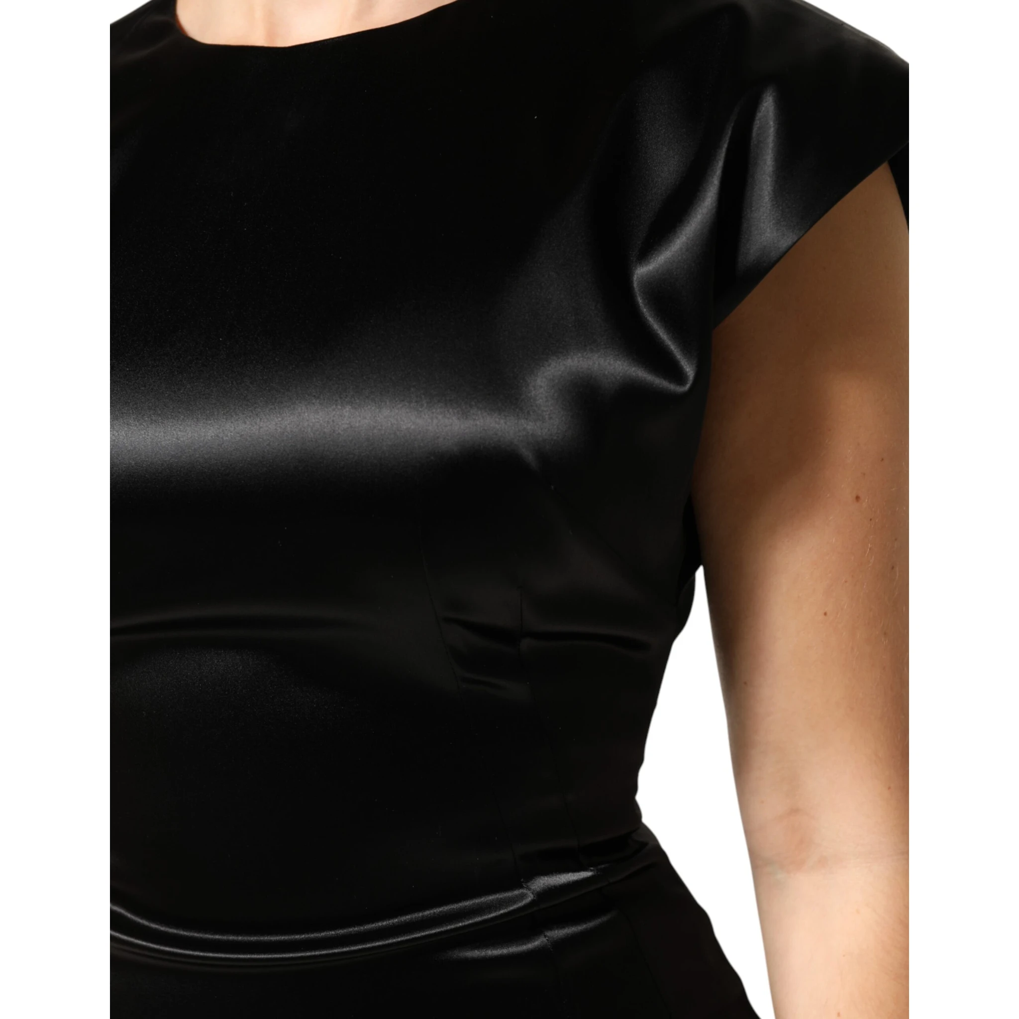 Black Satin Sheath Midi Cap Sleeves Dress