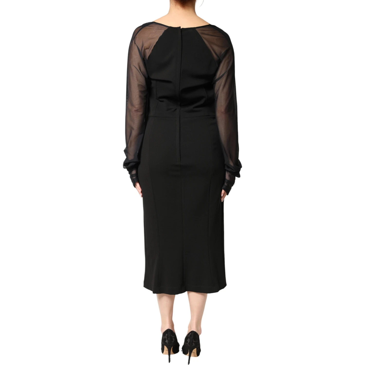 Black Sheer Yoke Rosette Sheath Midi Dress