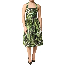 Green Leaves Print Cotton Halter Midi Dress