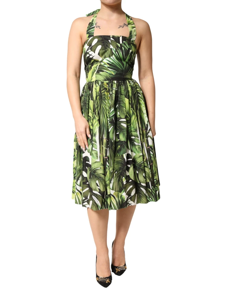 Green Leaves Print Cotton Halter Midi Dress alternative