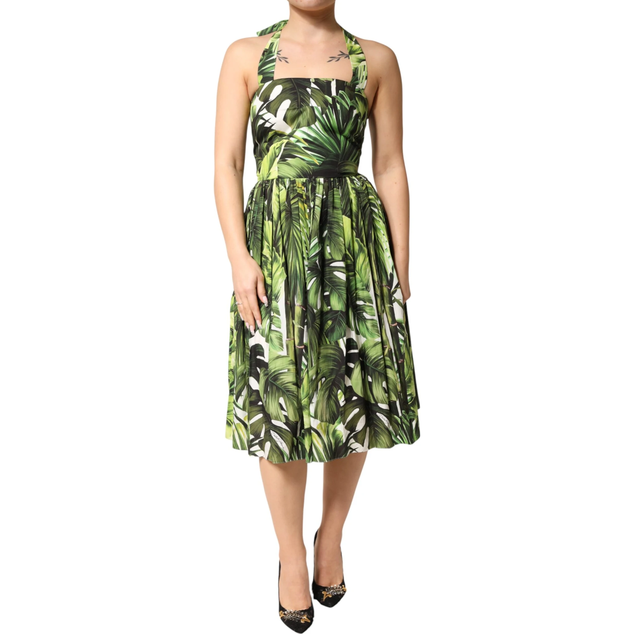 Green Leaves Print Cotton Halter Midi Dress
