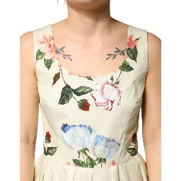 Beige Floral Sleeveless A-line Dress