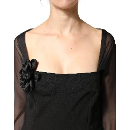 Black Sheer Yoke Rosette Sheath Midi Dress