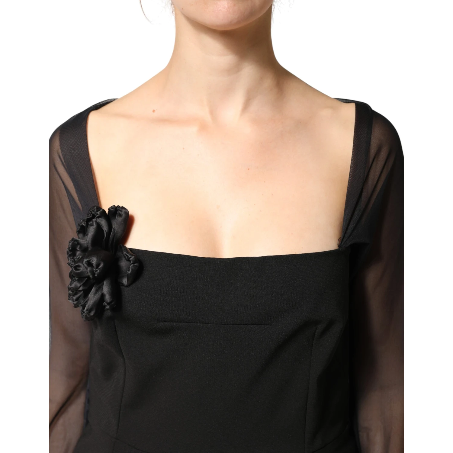 Black Sheer Yoke Rosette Sheath Midi Dress