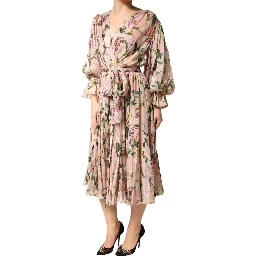 Pink Lily Print A-line Pleated Maxi Dress