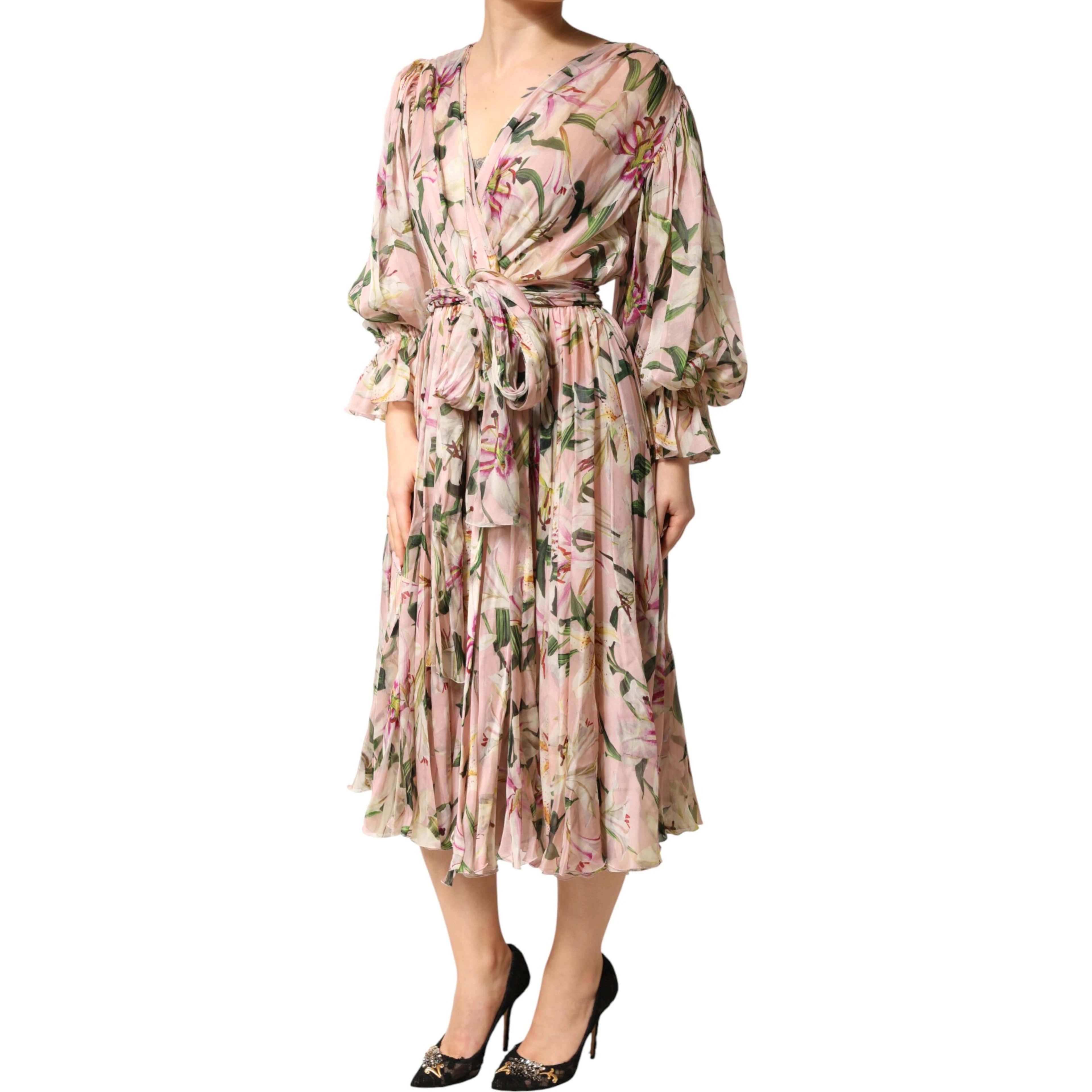 Pink Lily Print A-line Pleated Maxi Dress