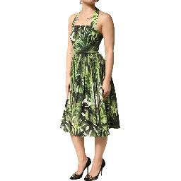 Green Leaves Print Cotton Halter Midi Dress