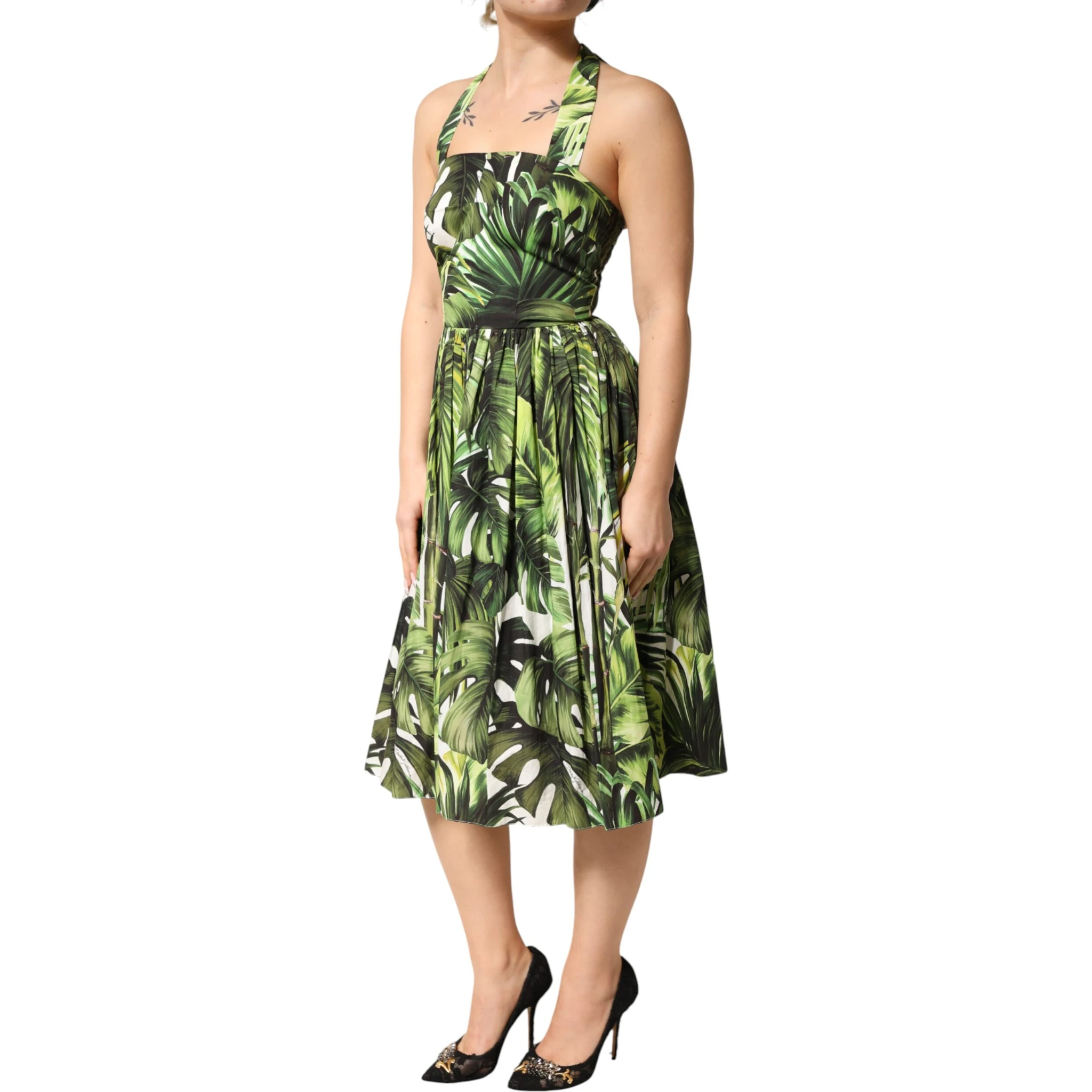 Green Leaves Print Cotton Halter Midi Dress