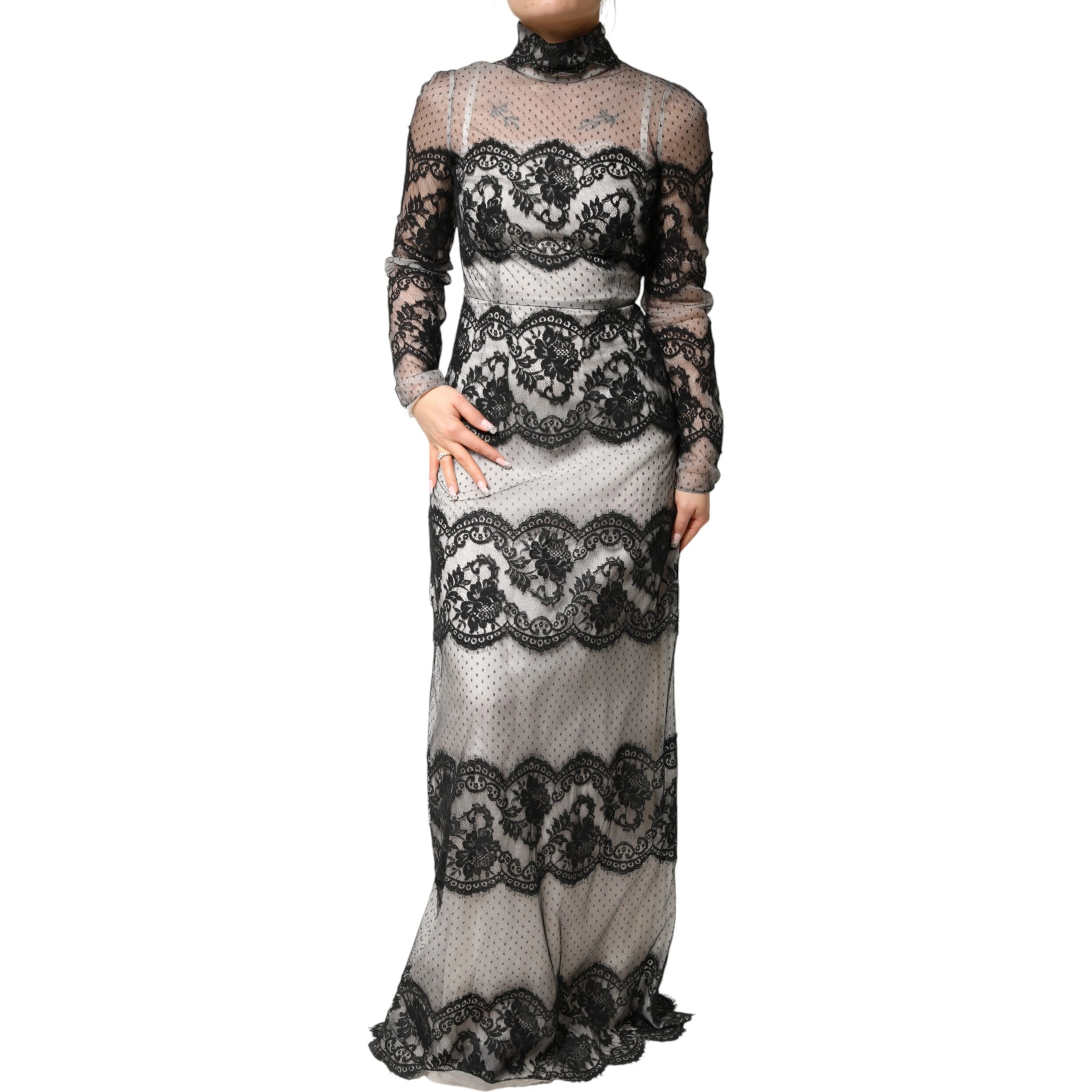 Black White Lace Silk Blend MaxiSheath Dress