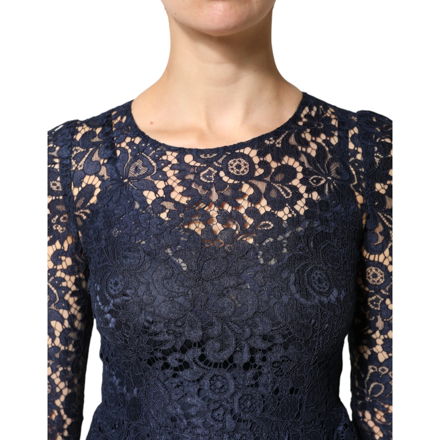Blue Lace Ruffle A-line Knee Length Dress