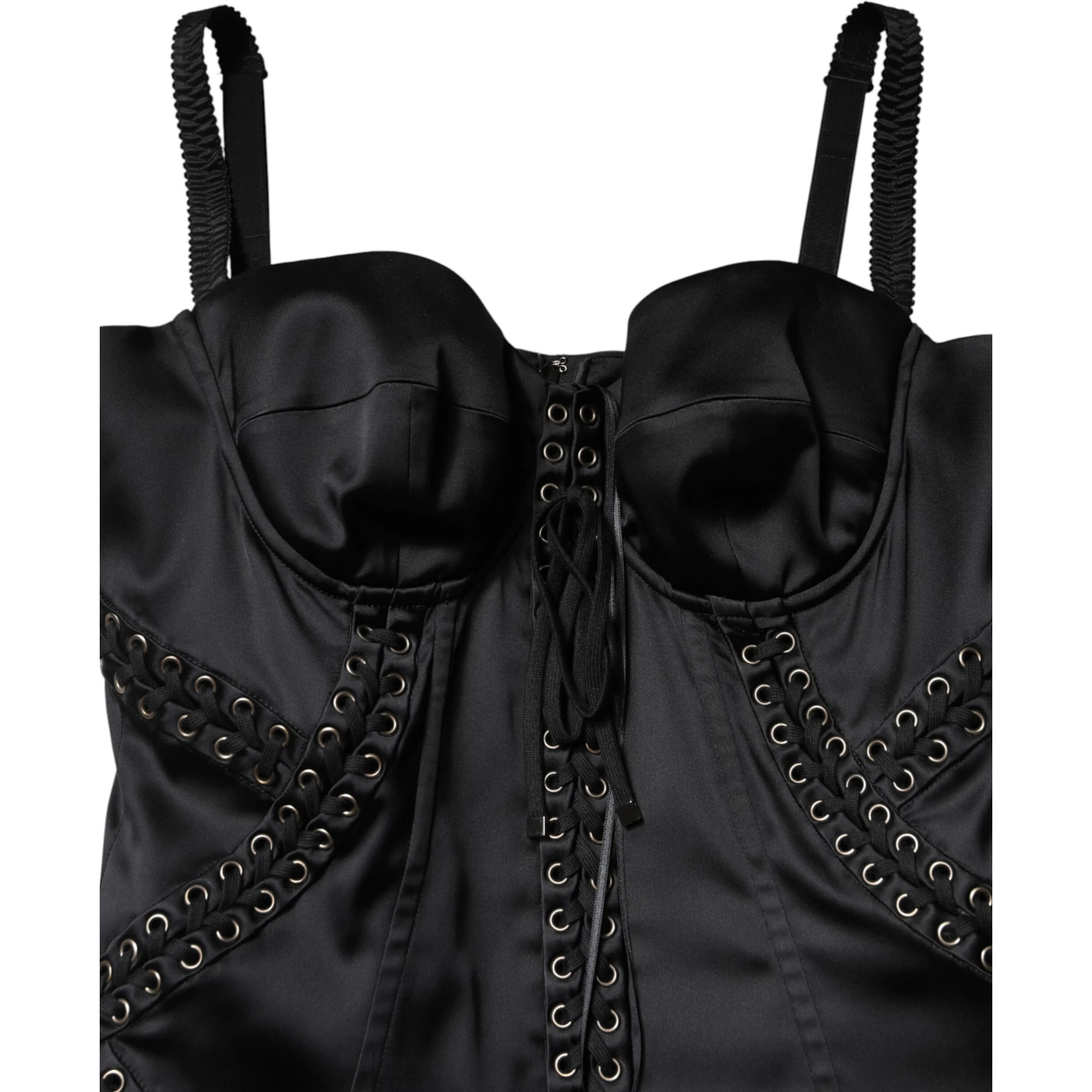 Black Satin Acetate Lace Eyelets Mini Dress