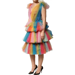 Multicolor Nylon Tiered Tulle Midi Dress