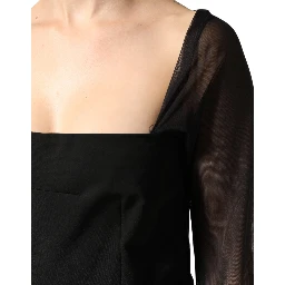 Black Sheer Yoke Rosette Sheath Midi Dress