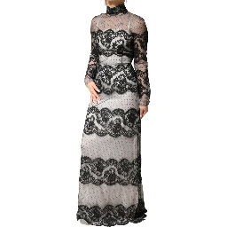 Black White Lace Silk Blend MaxiSheath Dress