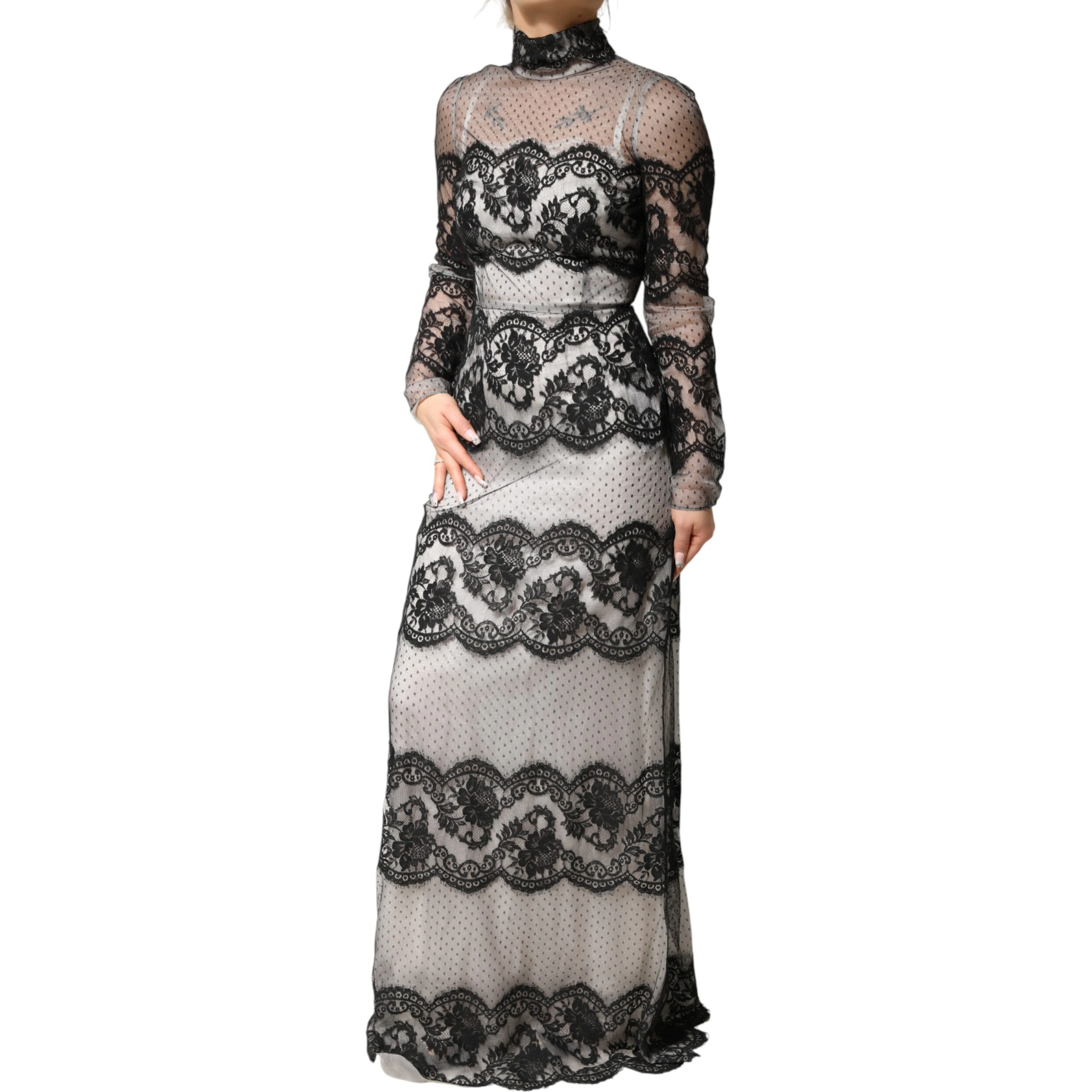 Black White Lace Silk Blend MaxiSheath Dress