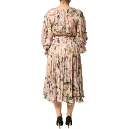 Pink Lily Print A-line Pleated Maxi Dress