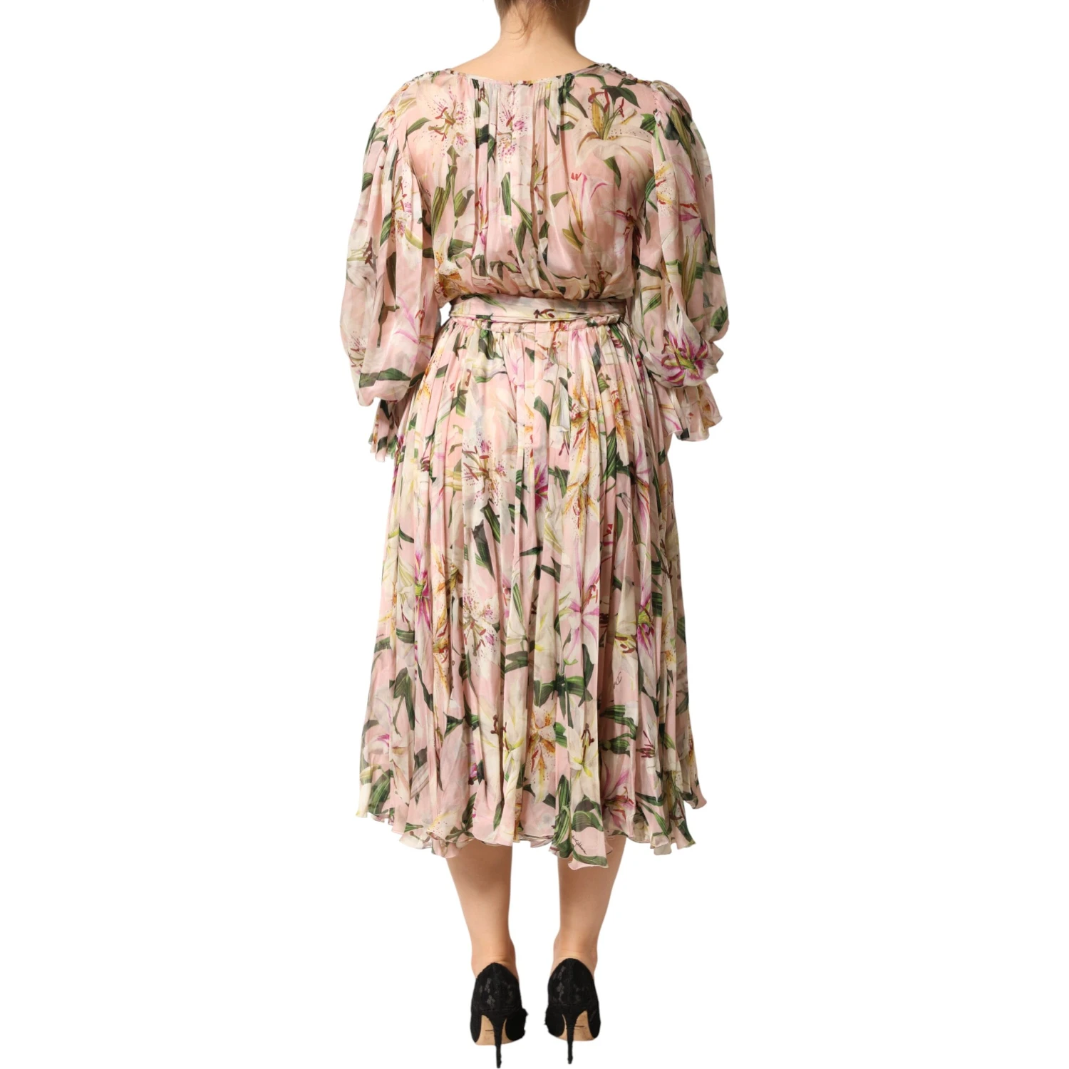 Pink Lily Print A-line Pleated Maxi Dress