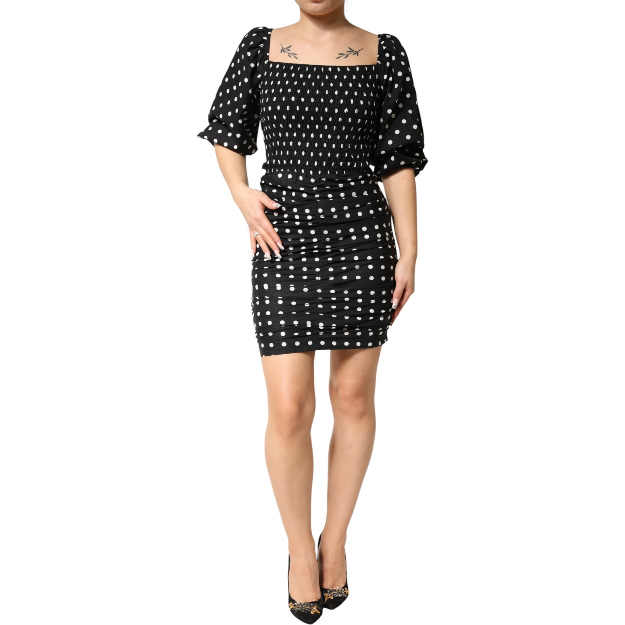 Black White Polka Dot Short Sleeves Mini Dress