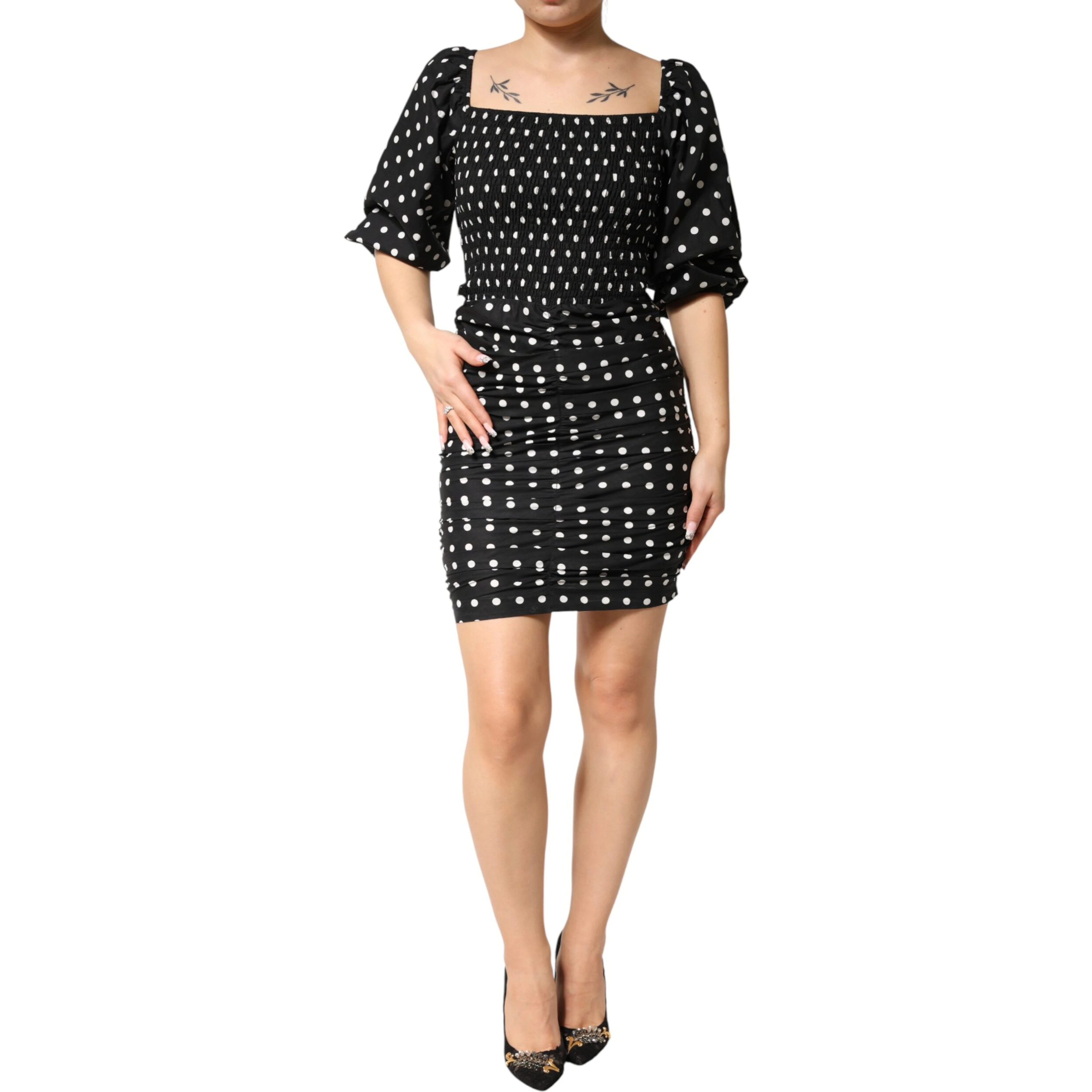 Black White Polka Dot Short Sleeves Mini Dress