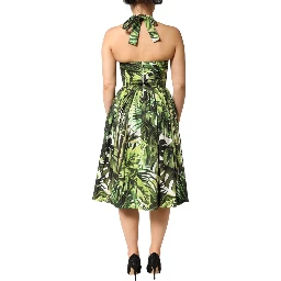 Green Leaves Print Cotton Halter Midi Dress