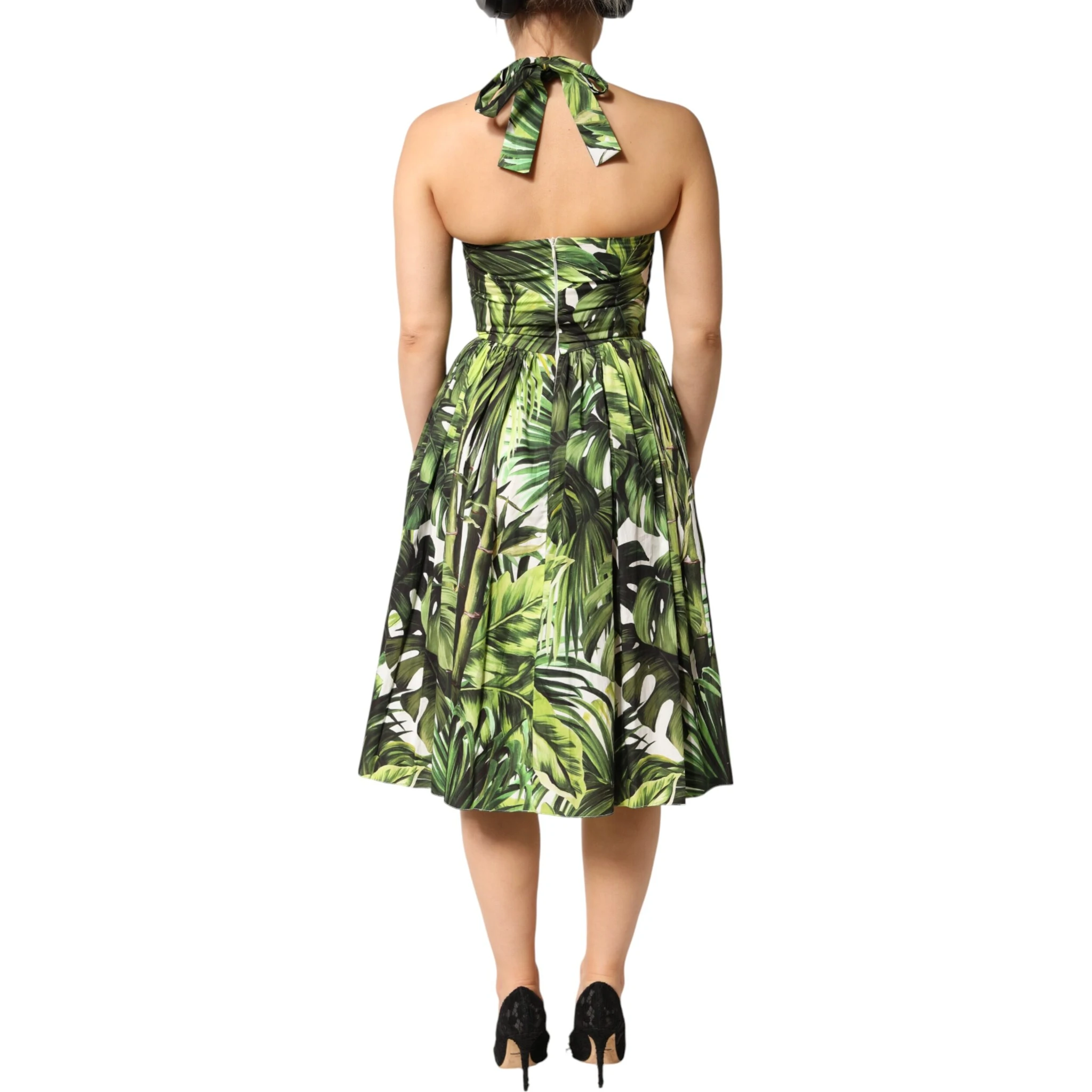 Green Leaves Print Cotton Halter Midi Dress