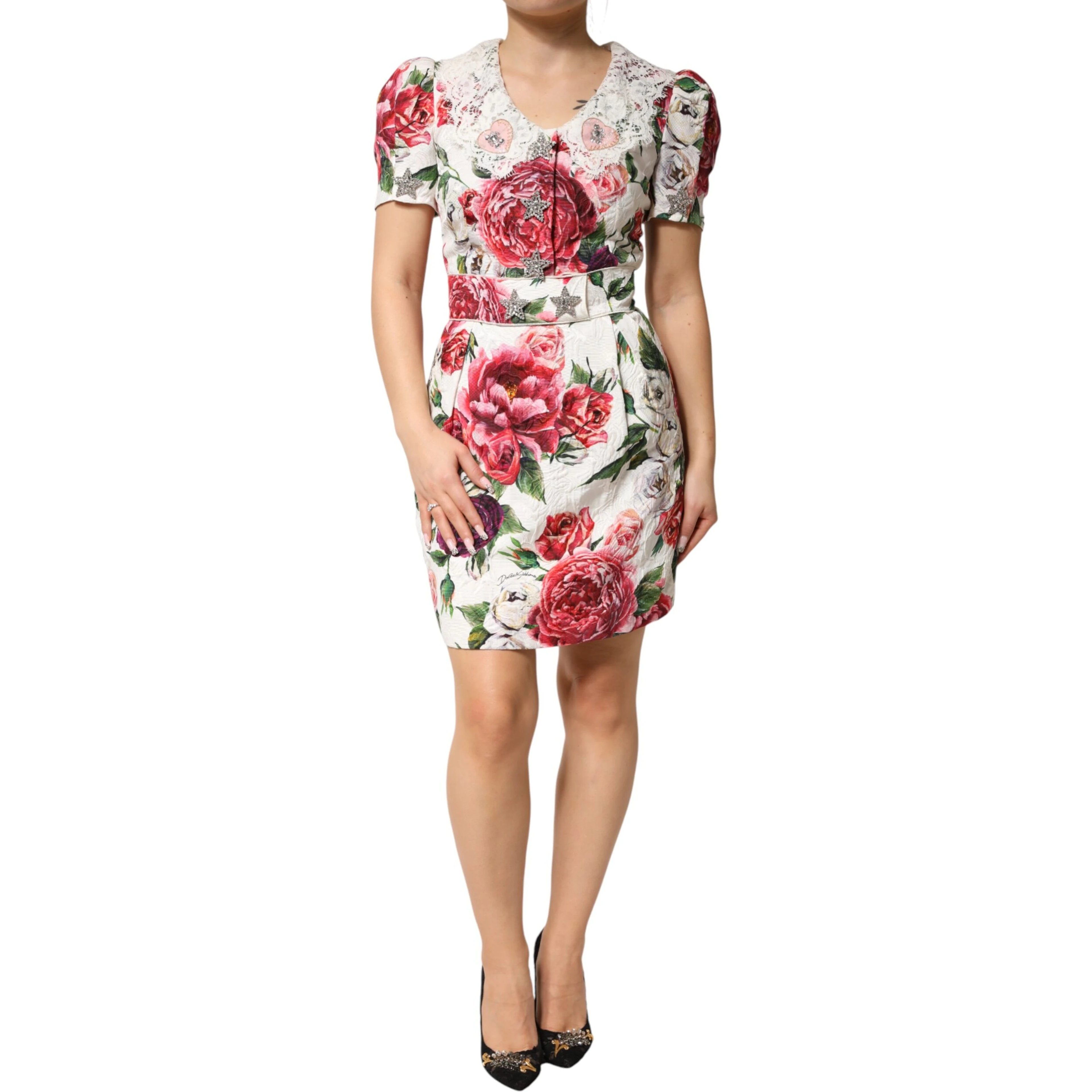 White Floral Embellished Sheath Mini Dress