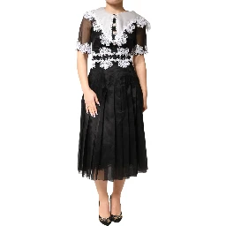 Black White Silk Macrame Lace Midi Dress
