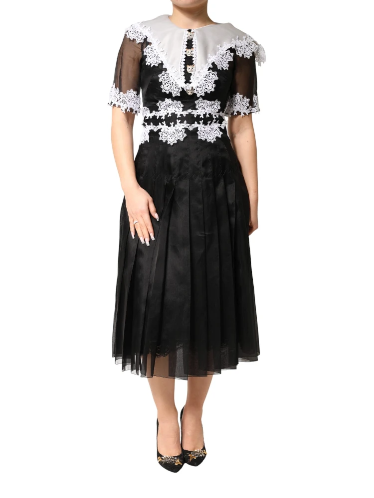Black White Silk Macrame Lace Midi Dress