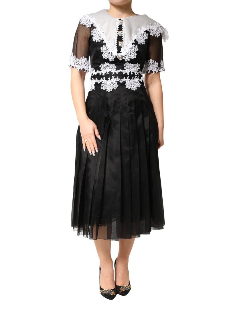 Black White Silk Macrame Lace Midi Dress