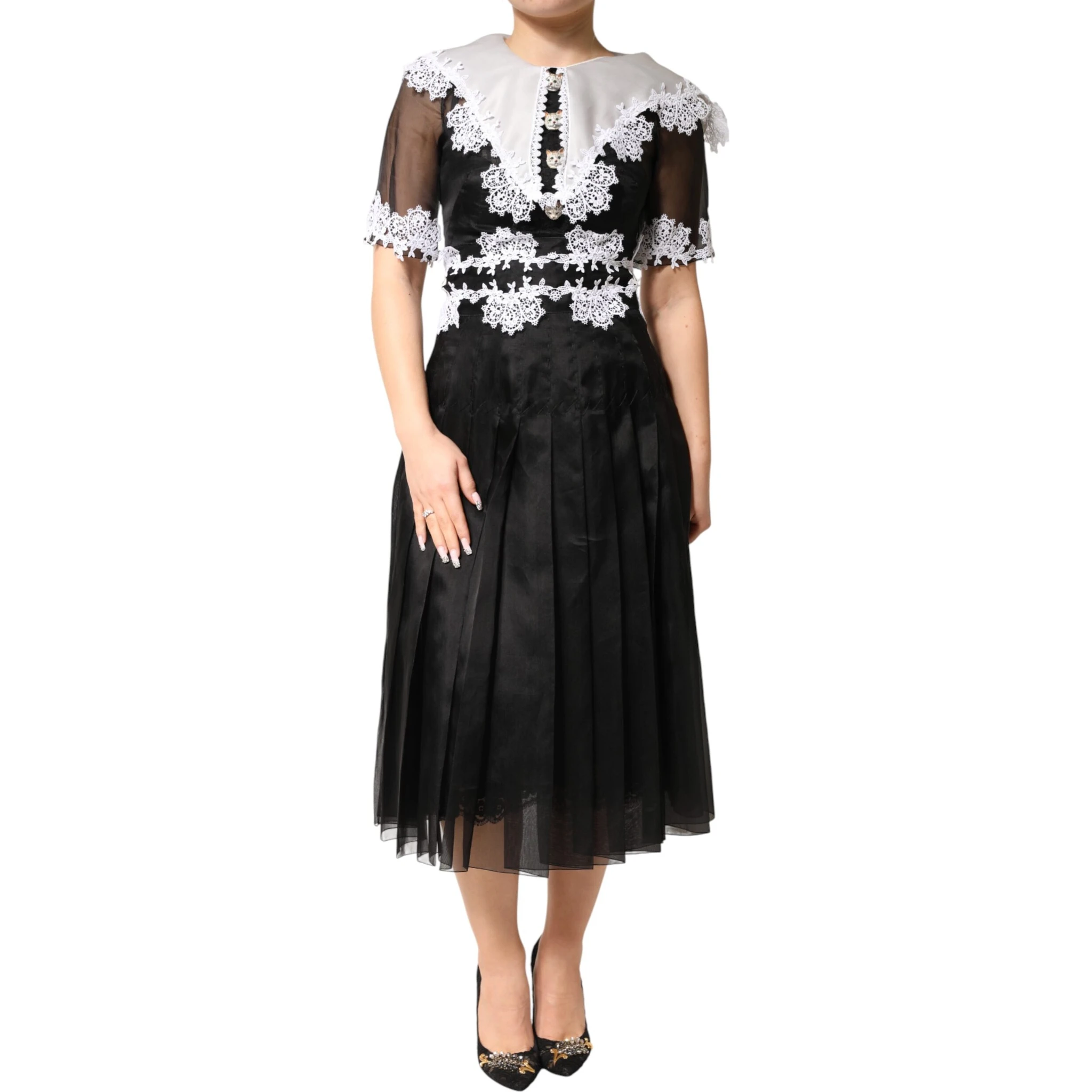 Black White Silk Macrame Lace Midi Dress