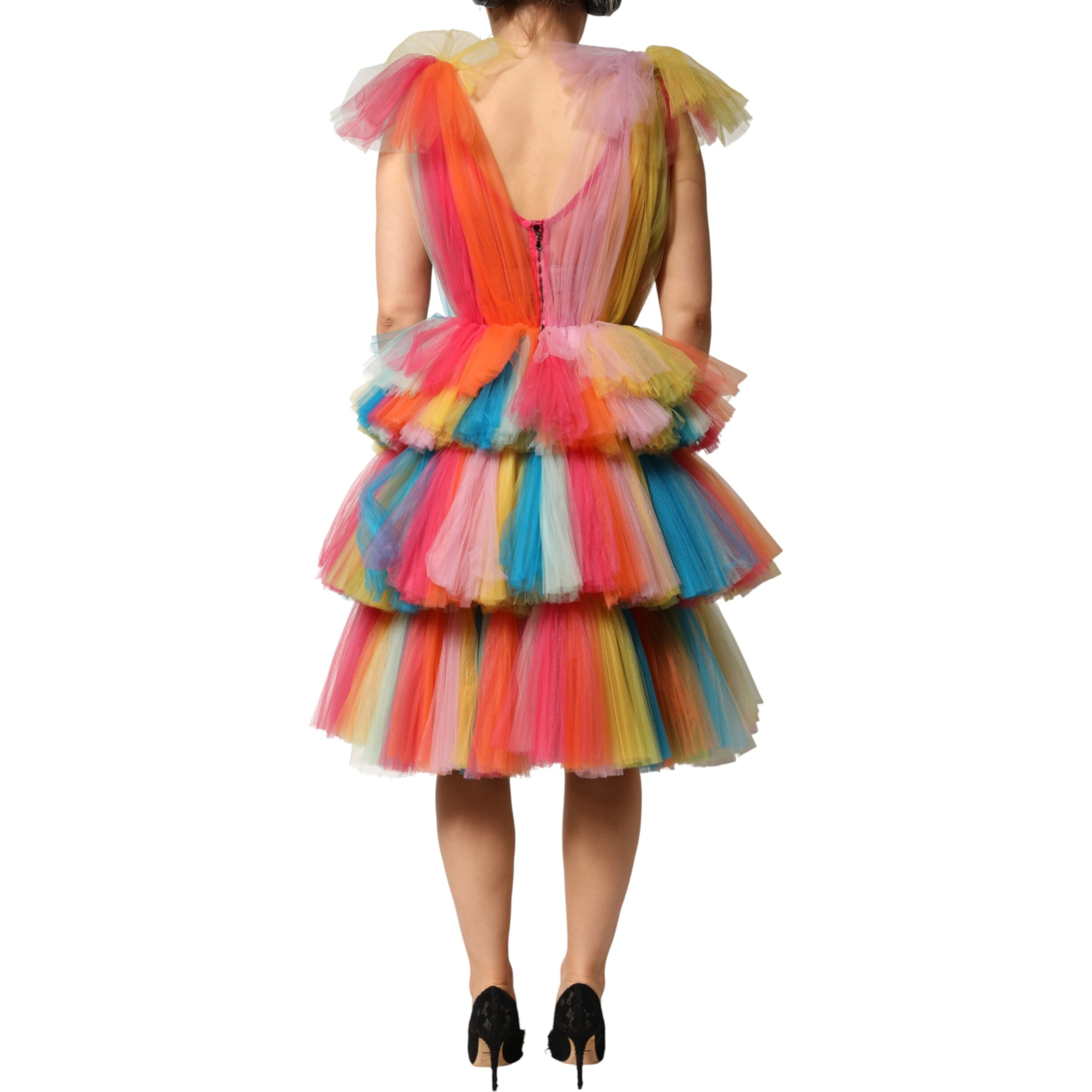 Multicolor Nylon Tiered Tulle Midi Dress