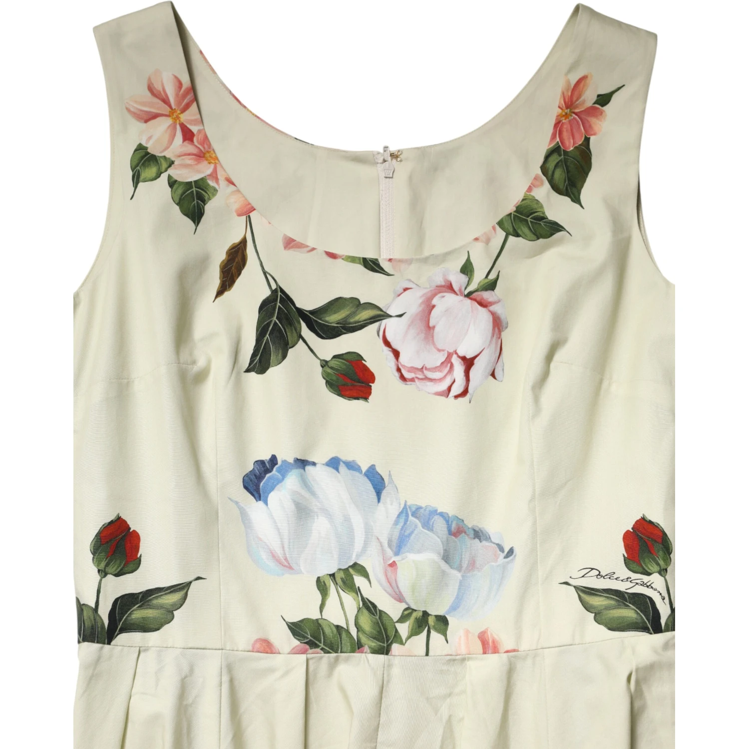 Beige Floral Sleeveless A-line Dress