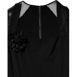 Black Sheer Yoke Rosette Sheath Midi Dress