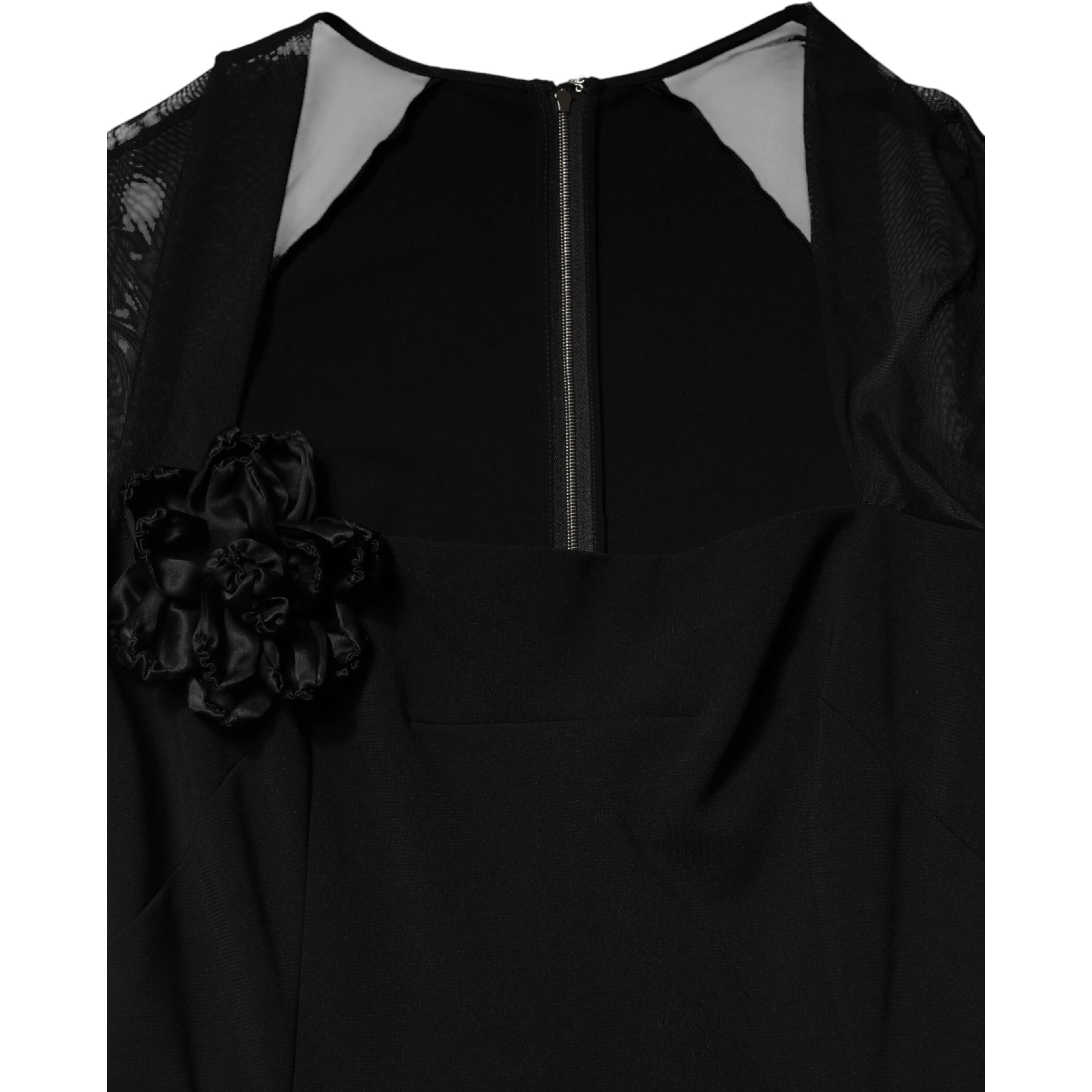 Black Sheer Yoke Rosette Sheath Midi Dress