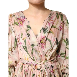 Pink Lily Print A-line Pleated Maxi Dress