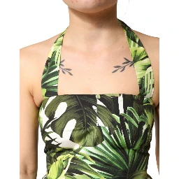 Green Leaves Print Cotton Halter Midi Dress