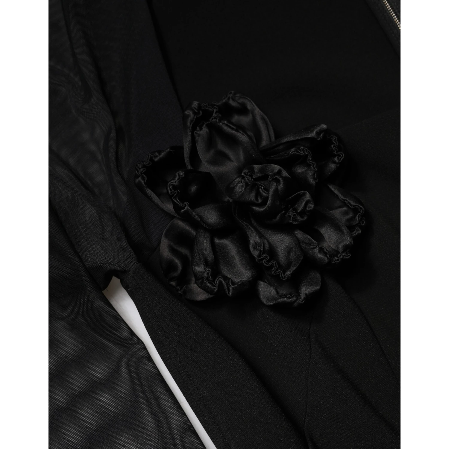 Black Sheer Yoke Rosette Sheath Midi Dress